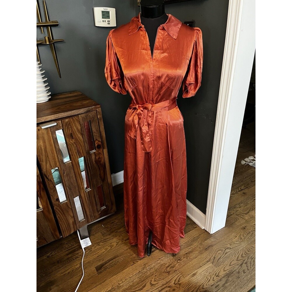 Vintage 1930s Bias cut Terra Cotta 100% Silk liquid Satin Gown long Dress S
